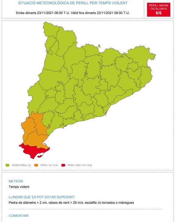 El servei alerta que es pot produir pedra, ratxes fortes de vent, esclafits o tornados a la zona i demana prudència.