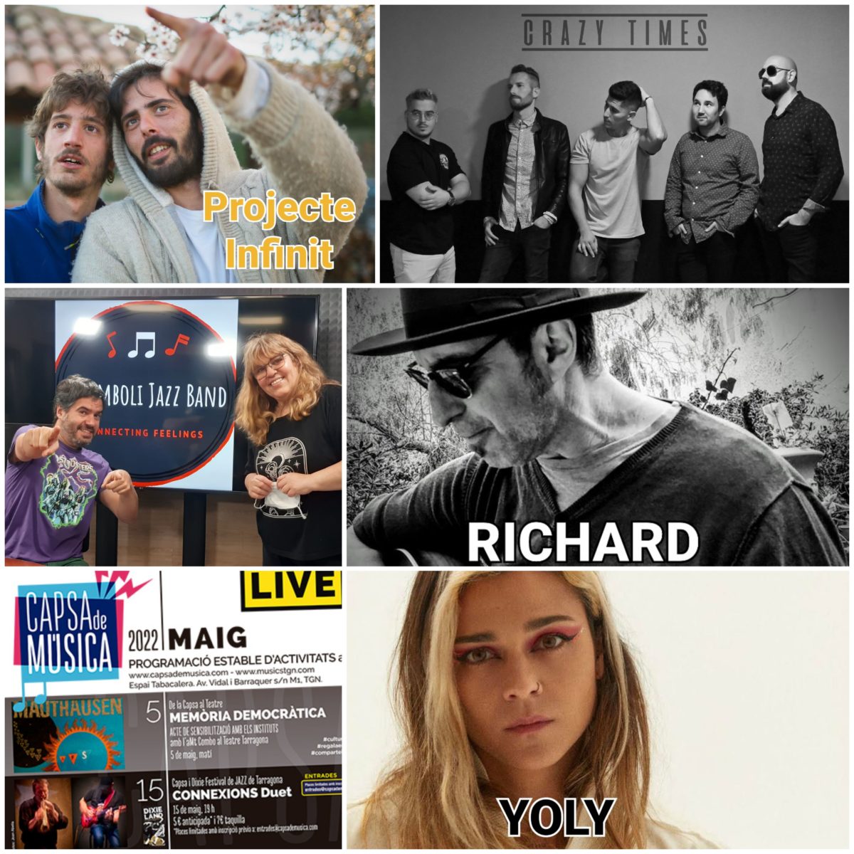 Aquesta setmana al programa ha estat protagonitzat pels grups Stromboli Jazz Band (Raül Cid), Richard White, Projecte Infinit, Crazy Times. Yoly Saa i també hem parlat de la programació de la Capsa de Música. A més tots els col·laboradors (más mejores del mundo mundial) amb el Tgn, ho Peta, en Joan Mercadé, La Terra és Plana amb en Bet@ i tancant la tripleta: Manà Manà amb M@r Pérez.