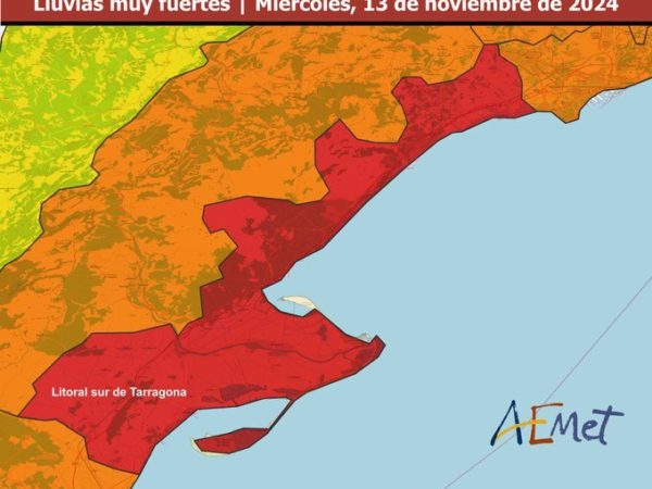 L’Aemet apuja a nivell vermell l’alerta per pluges al litoral sud de Tarragona