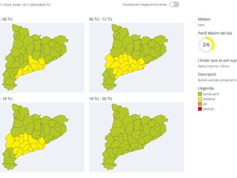 Activada l’alerta del Ventcat per la previsió de ratxes que poden superar els 72 km/h